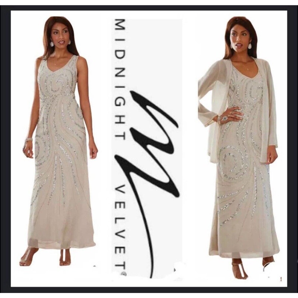 Beaded Sequin Mother of Bride Midnight Velvet Catalog Maxi Jacket Dress plus 3X